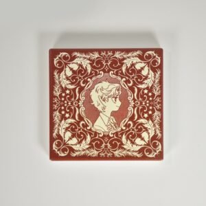 Astarion chibi ceramic coaster with red and cream art nouveau border, Baldur's Gate 3 fan art