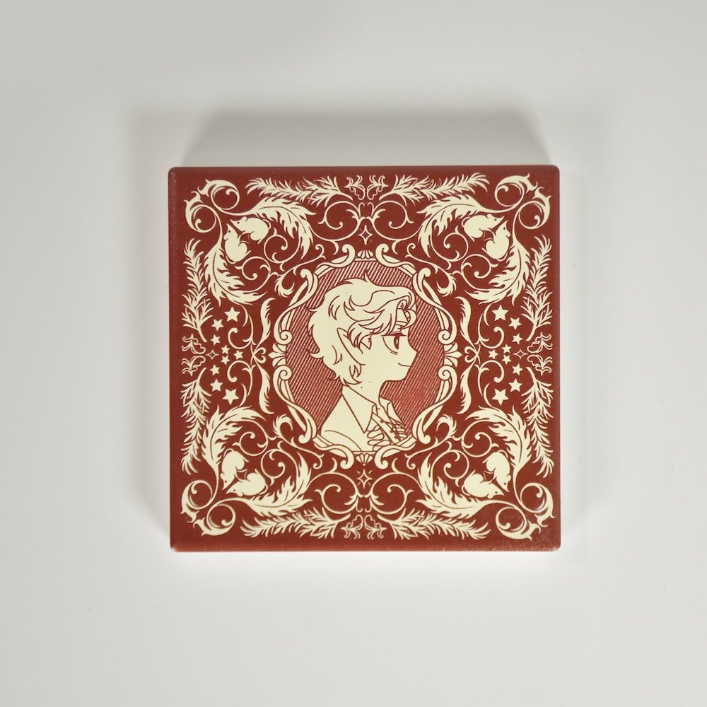 Home Astarion chibi ceramic coaster with red and cream art nouveau border, Baldur's Gate 3 fan art